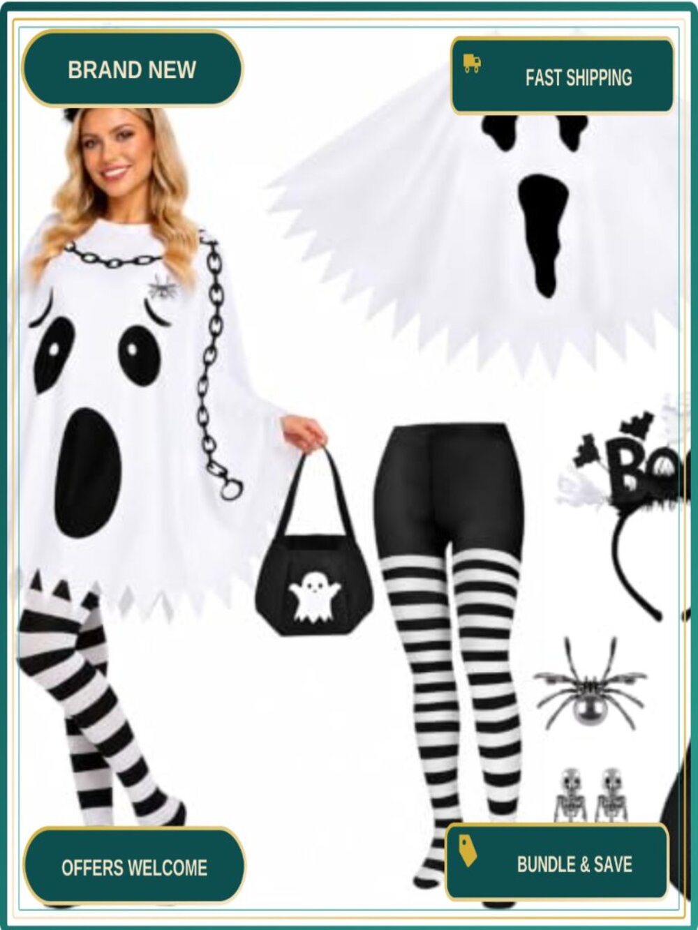6 PCS Halloween Costume Set for Women Adult Ghost Poncho and Tights